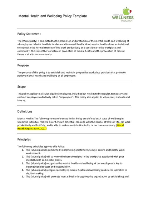 Fillable Online Mental Health And Wellbeing Policy Template Fax Email