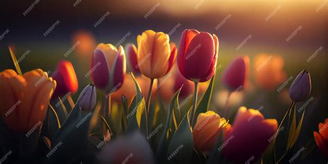 Premium Photo Field Of Colorful Tulips Red Field Spring Panorama Ai