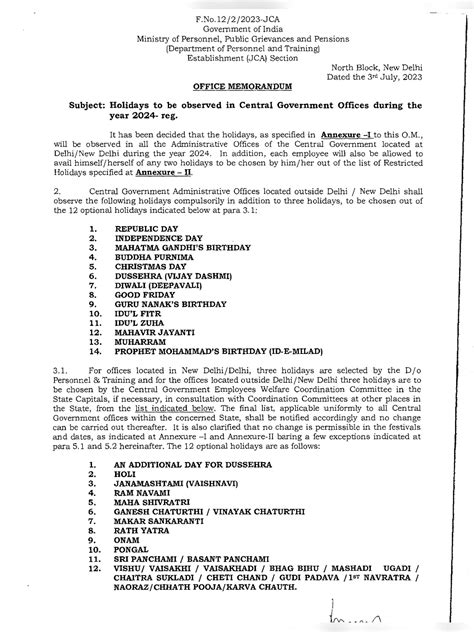 Central Government Holidays List Pdf Instapdf