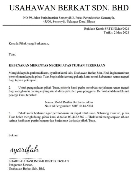 Panduan And Contoh Surat Kebenaran Rentas Negeri