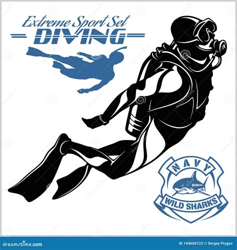 Set Of Scuba Diver Silhouette And Diving Labels Stock Vector