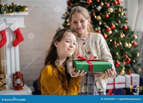 Happy Sisters With T Box Looking Stock Image Image Of Teenager