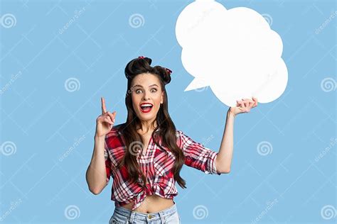 Inspired Pinup Lady In Retro Clothes Having Idea Holding Blank Speech