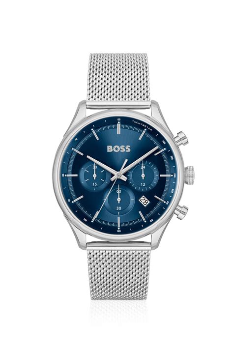 Boss Blue Dial Chronograph Watch With Mesh Bracelet
