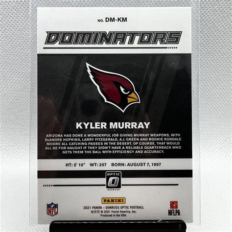 Kyler Murray 2021 Donruss Optic Dominators Insert DM KM Cardinals EBay