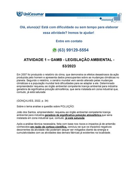 ATIVIDADE 1 GAMB LEGISLAÇÃO AMBIENTAL 53 2023 Olá aluno a