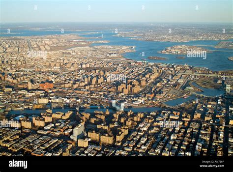 Aerial View Above Manhattan At Harlem River Toward Bronx New York Stock