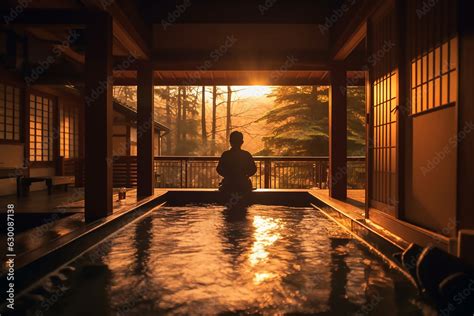 A Person Relaxing Berisde Onsen A Japanese Hot Spring In A Traditional Japanese Hotel Ryokan