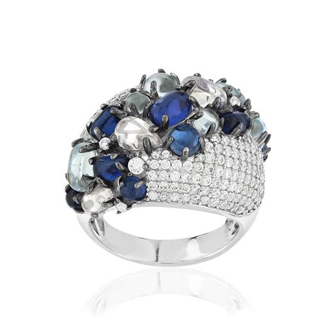 Bague argent 925 et ruthénium noir pierres imitations bleues