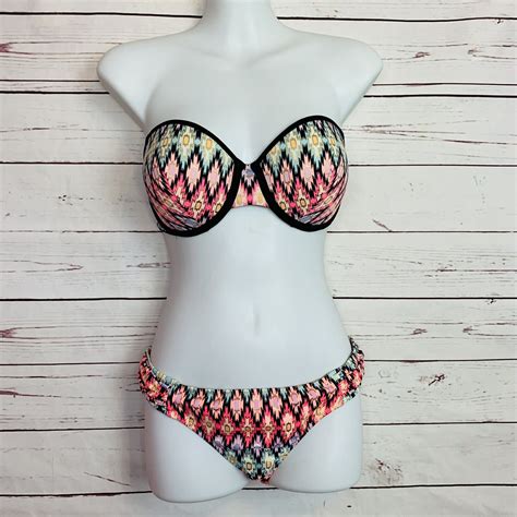 Victorias Secret Bandeau Bikini C Pink Black Aztec Tribal Print