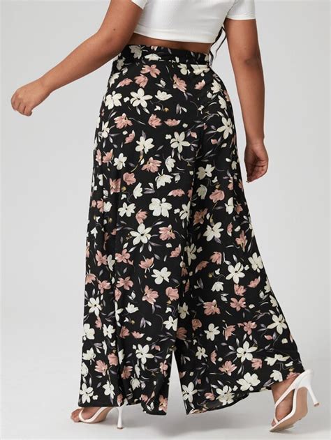 Shein Lune Plus Wide Leg Floral Print Pants Shein Usa