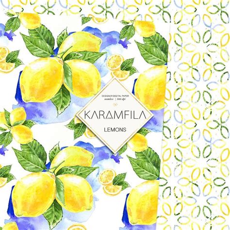 Lemons Digital Paper Summer Paper Watercolor Fruits Patterns Lemonade