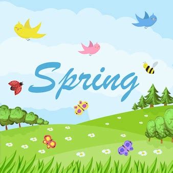 Premium Vector | Spring cartoon landscape with trees and clouds