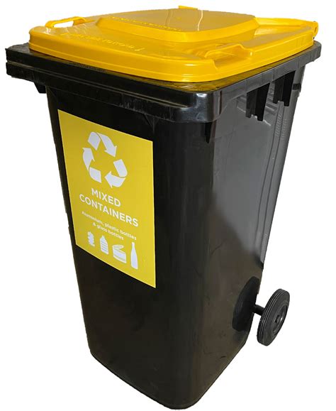 240 Litre Wheelie Bin In Black With Yellow Lid With Mixed Containers