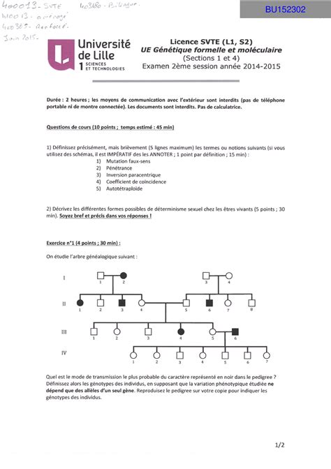 Examen Mai 2015 questions Génétique 1 BU152302 BU152302 Studocu