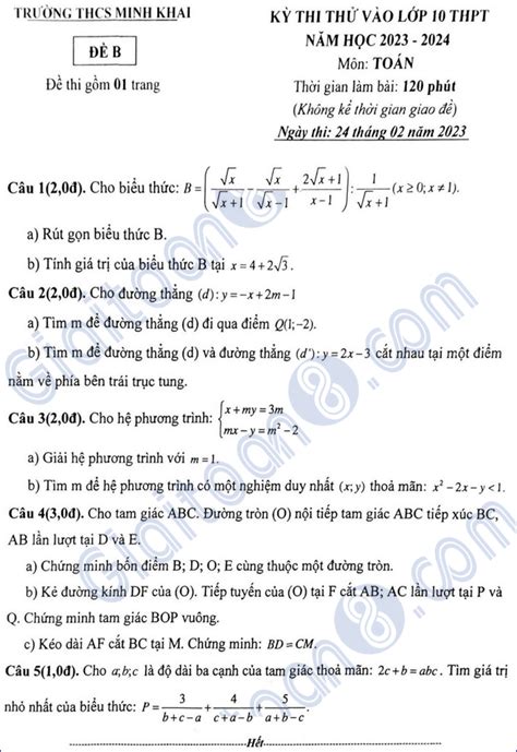 Đề Thi Thử Vào Lớp 10 Môn Toán Năm 2023 2024 Trường Thcs Minh Khai Hà Nội