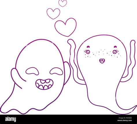 Degraded Outline Funny Ghost Couple Character With Hearts Stock Vector