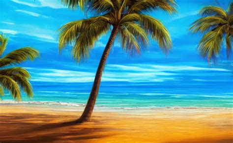 A Beautiful Tropical Beach At Sunset Oil Painting By Stable Diffusion