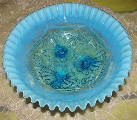 1906 Eapg Blue Opalescent Ruffles Rings Jefferson Northwood Footed Bowl