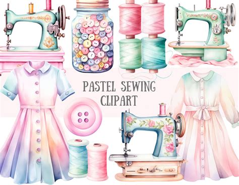 Watercolour Pastel Sewing Clipart Vintage Sewing Machine Png Digital