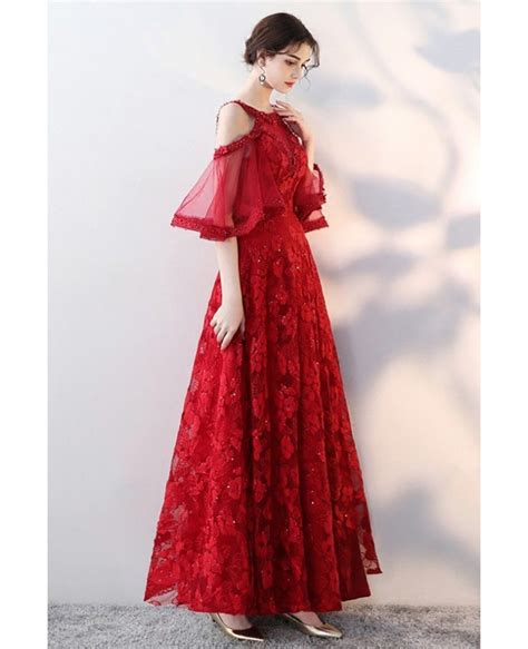 Beautiful Red Flowers Aline Long Prom Dress With Beaded Cold Shoulder