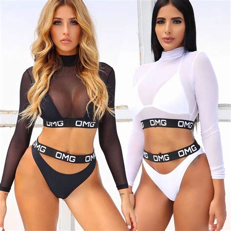 Sexy Hot Black Lace Mesh Gauze Bikini Set Three Pieces Women Swimwear