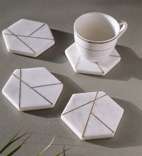 Buy Hexa Brass Inlay White Gold Marble Set Of 4 Table Coaster At 47