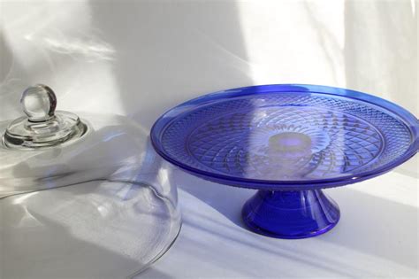 Anchor Hocking Wexford Cobalt Blue Cake Stand W Clear Glass Dome Cover 1980s Vintage