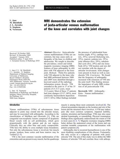 Pdf Mri Demonstrates The Extension Of Juxta Articular Venous