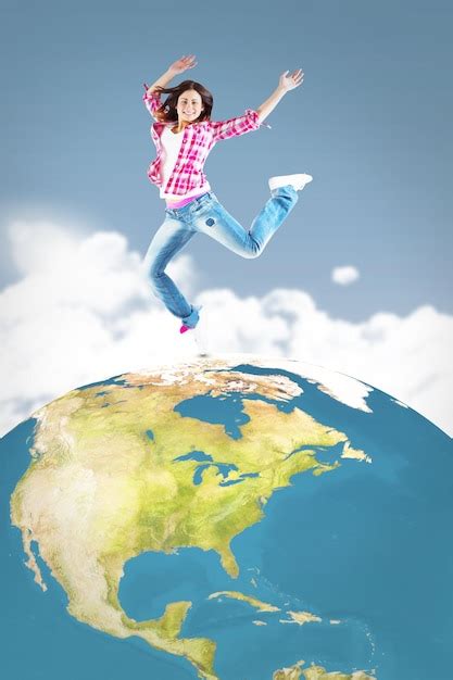 Premium Photo Composite Image Of Casual Brunette Jumping And Smiling