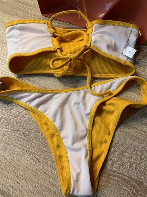 Dyamante High Cut Ribbed Thong Bikini Set Mustard Yellow Color On