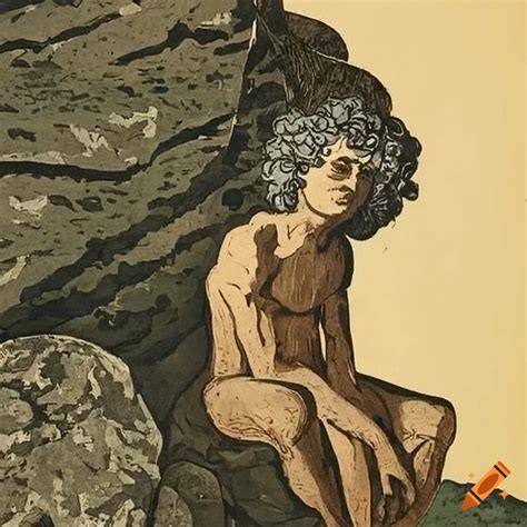 Curly Haired Athletic Man By Granite Rock And Birch Trees In Woodcut Print