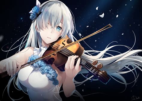 Wallpaper Anime Girls Musical Instrument Hair In Face Violin