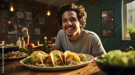 Plato De Chilaquiles Deliciosos Hombre Latino En Casa Stock Photo