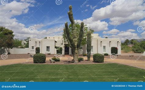 USA Arizona Phoenix Pueblo Revival Adobe House Saguaro Front Yard