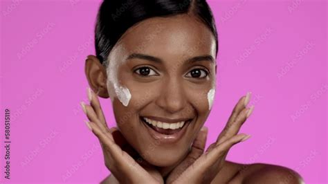 Face Funny And Indian Woman With Cream Skincare And Dermatology