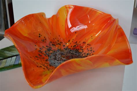 Fused Glass Free Form Poppy Bowl Orange Red By Whimsyglass