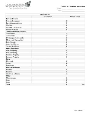 Fillable Online Assets Liabilities Worksheet Fax Email Print PdfFiller