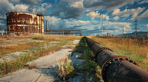 Abandoned Oil Refinery Gas Tank And Rusty Pipeline Background