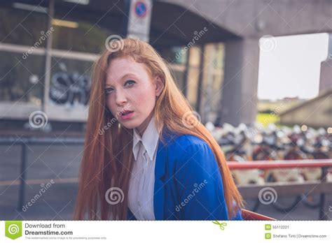 Beautiful Redhead Girl Posing In An Urban Context Stock Image Image