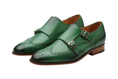 Green Mens Monk Double Buckle Straps Wing Tip Brogues Toe Real Leather Shoes Dressformal