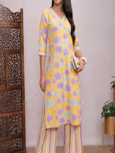 Buy Vishudh Yellow Floral Printed Pure Cotton Straight Kurta With