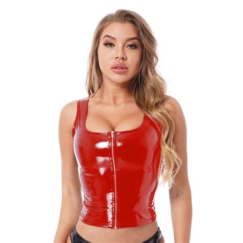 YIZYIF Débardeur Sexy Femme Cuir Verni Zippé Gilet Tank Top Wetlook