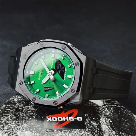 G Shock Mod With Black Steel Case Green Sunburst Face Black Strap