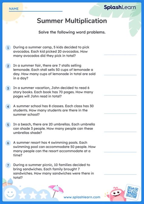 Multiply 1 Digit Numbers And Multiples Of 10 Summer Word Problems Worksheet