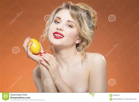 Fruit Series Naked Caucasian Blond Girl Posing With Yellow Lemon Stock Image Image Of