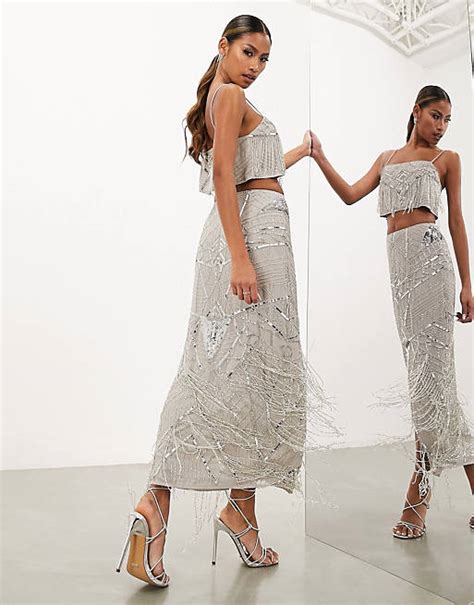 Asos Edition Sequin And Fringe Artwork Midi Skirt In Pale Grey Asos