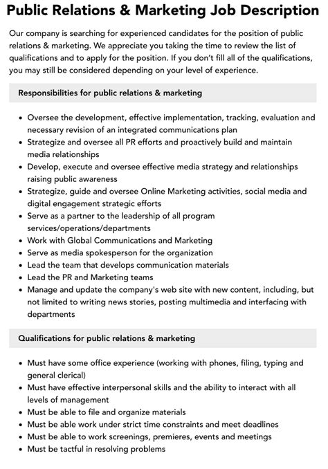 Public Relations And Marketing Job Description Velvet Jobs