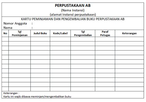 Kartu Peminjaman Amp Pengembalian Buku Perpustakaan Selalu Belajar Riset