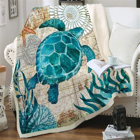 Qucover Sea Turtle Pattern Flannel Throws Blankets Cozy Sherpa Ocean